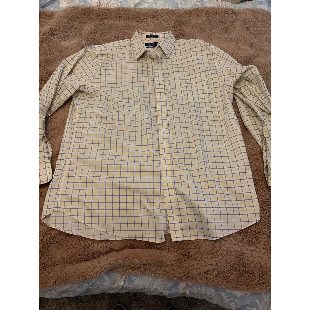 Nordstrom Mens Shop Smartcare Wrinkle-Free Plaid Shirt Yellow Blue 17.5 36